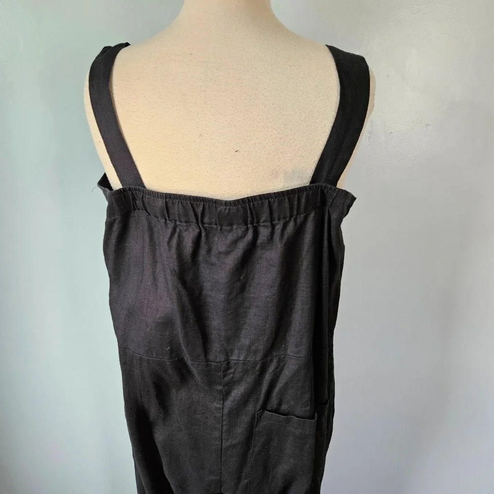 Quince Black Linen Square Neck Jumpsuit Wide Leg Sleeveless Pockets Large